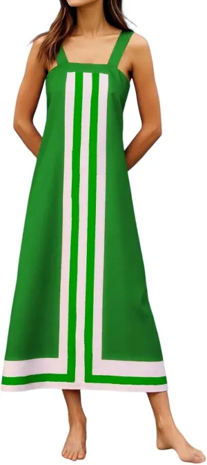 2025 Women Bohemian Floral Dress Summer Casual Color Block Maxi Beach Overall Dress Coverups
