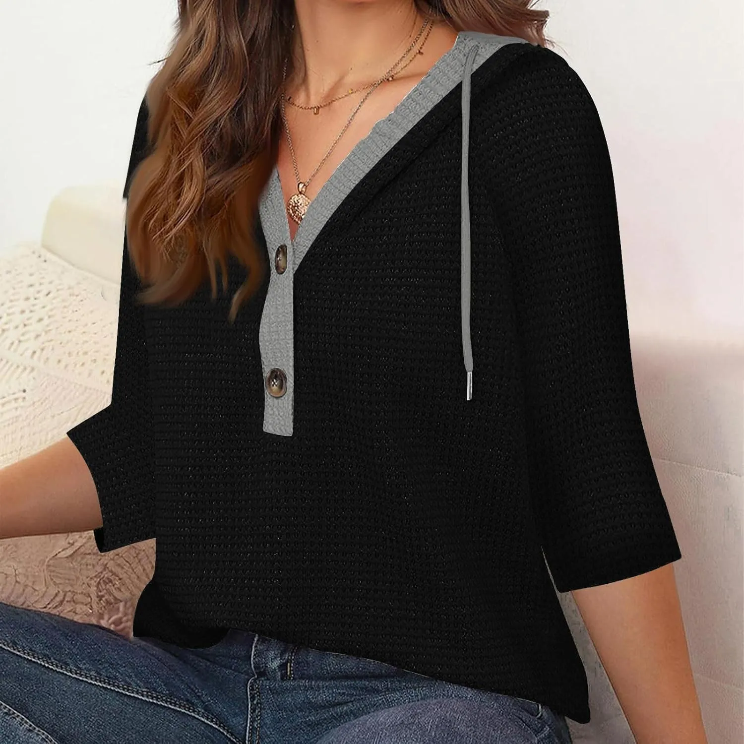3/4 Length Sleeve Womens Tops Casual Knit Button Down V-Neck Hoodies with Drawstring Solid Color T-Shirt Tunic