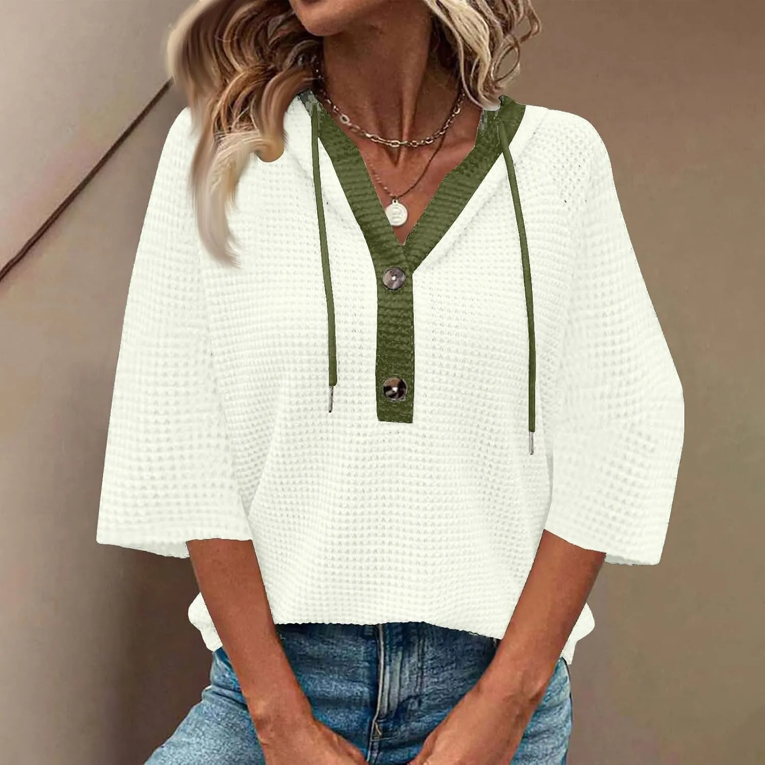 3/4 Length Sleeve Womens Tops Casual Knit Button Down V-Neck Hoodies with Drawstring Solid Color T-Shirt Tunic