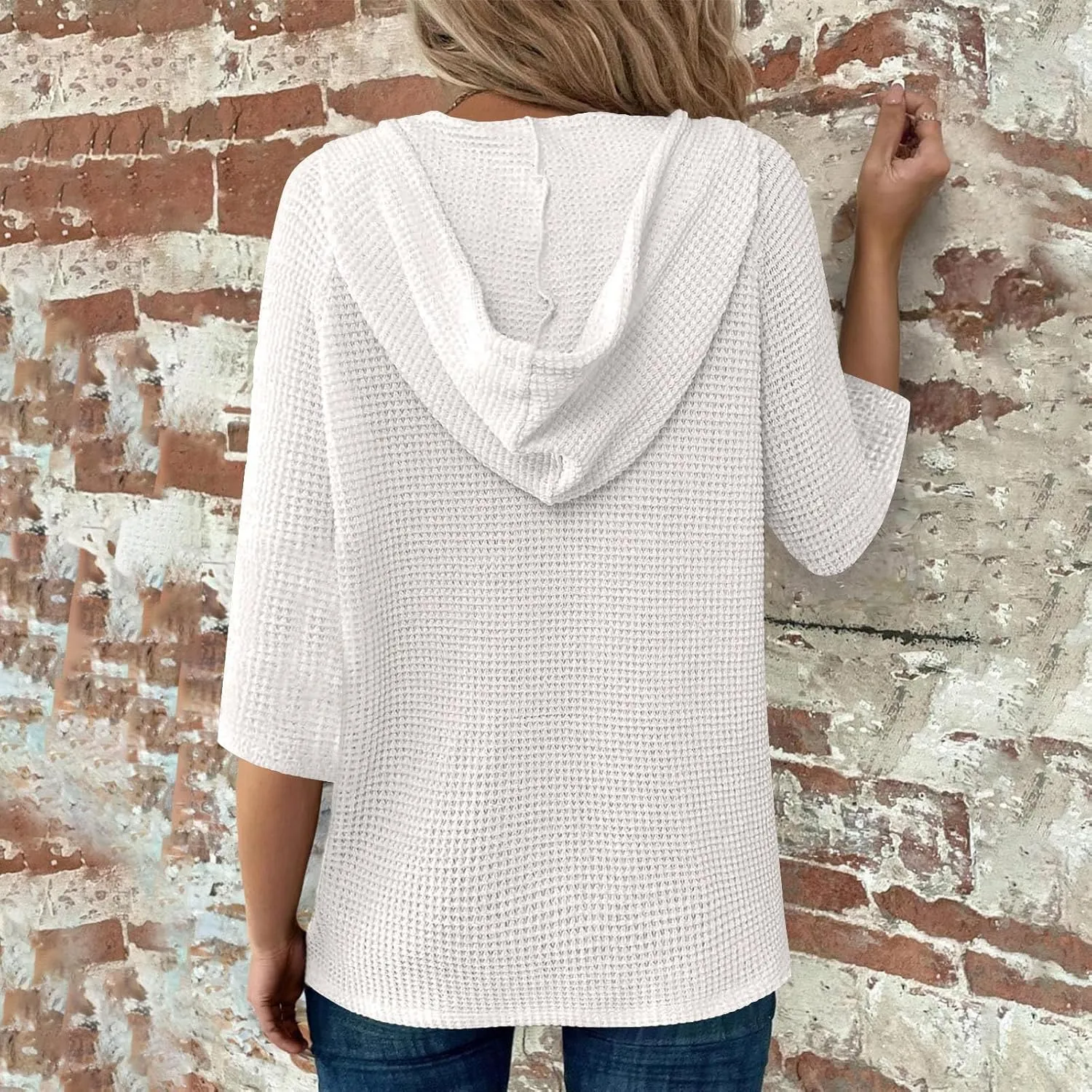 3/4 Length Sleeve Womens Tops Casual Knit Button Down V-Neck Hoodies with Drawstring Solid Color T-Shirt Tunic