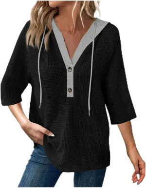 3/4 Length Sleeve Womens Tops Casual Knit Button Down V-Neck Hoodies with Drawstring Solid Color T-Shirt Tunic