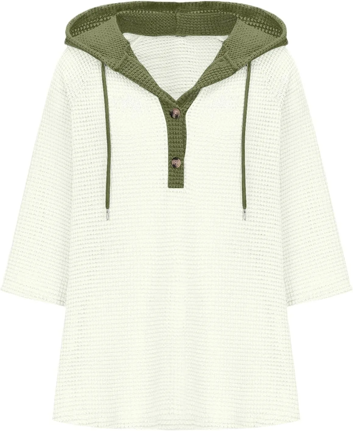 3/4 Length Sleeve Womens Tops Casual Knit Button Down V-Neck Hoodies with Drawstring Solid Color T-Shirt Tunic