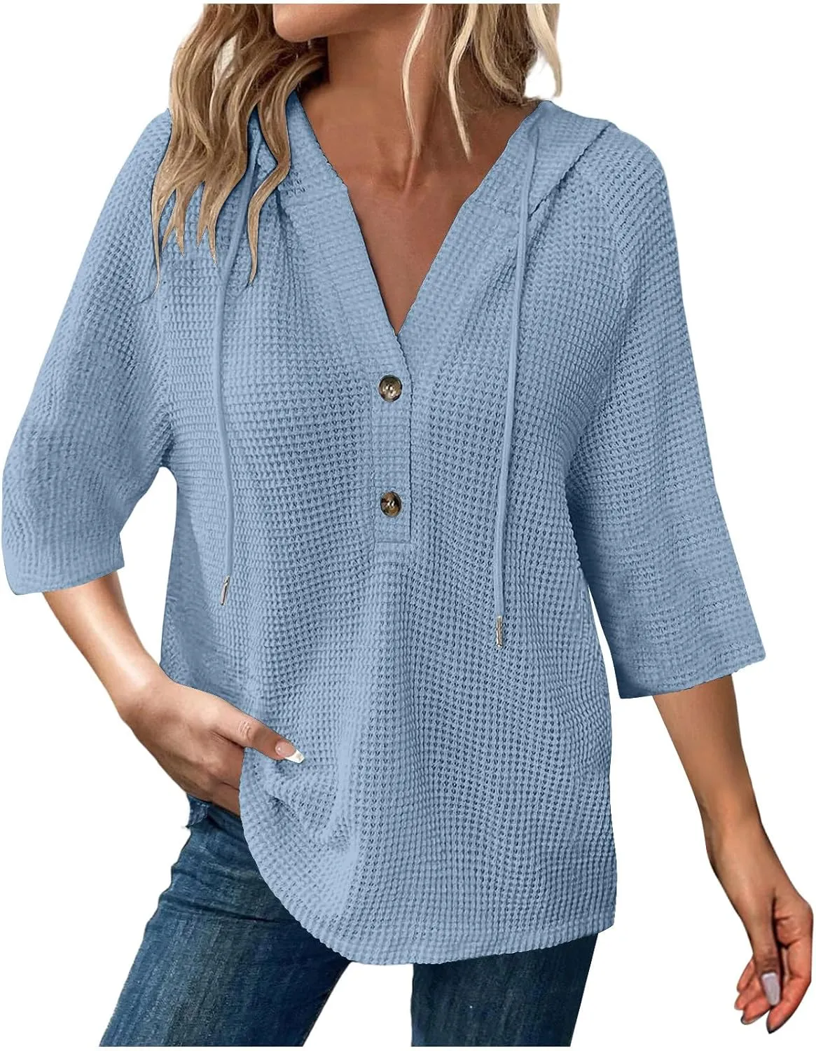 3/4 Length Sleeve Womens Tops Casual Knit Button Down V-Neck Hoodies with Drawstring Solid Color T-Shirt Tunic
