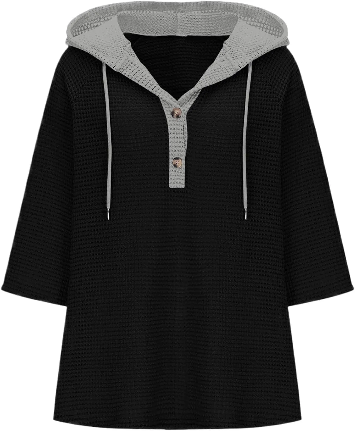 3/4 Length Sleeve Womens Tops Casual Knit Button Down V-Neck Hoodies with Drawstring Solid Color T-Shirt Tunic