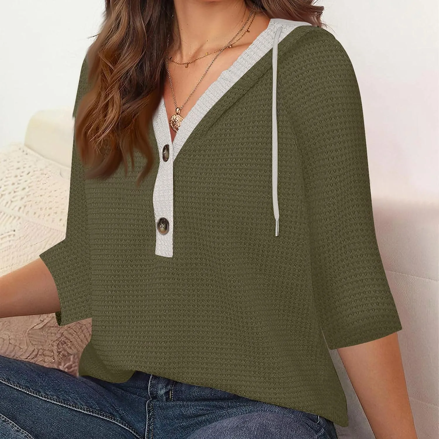 3/4 Length Sleeve Womens Tops Casual Knit Button Down V-Neck Hoodies with Drawstring Solid Color T-Shirt Tunic