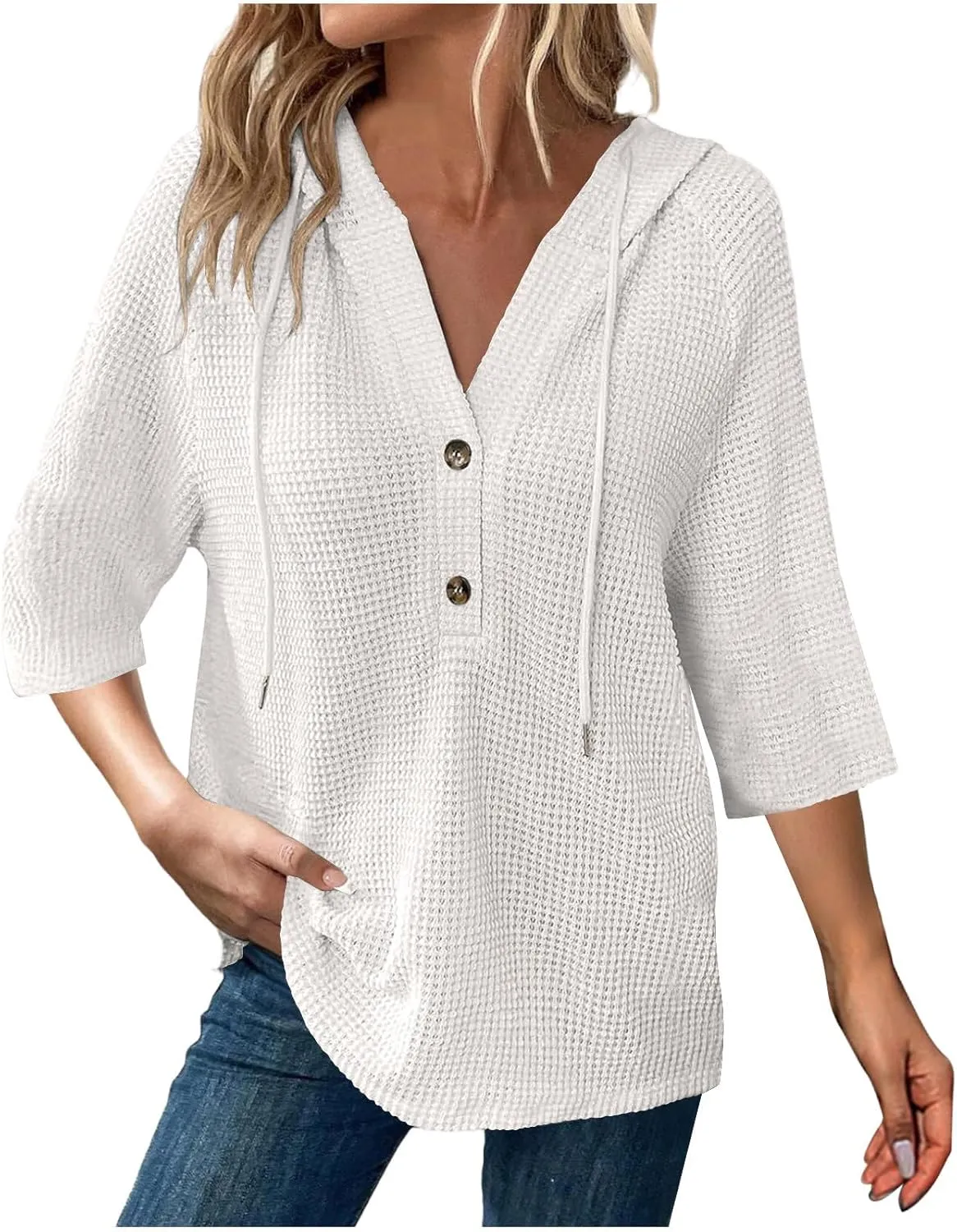 3/4 Length Sleeve Womens Tops Casual Knit Button Down V-Neck Hoodies with Drawstring Solid Color T-Shirt Tunic