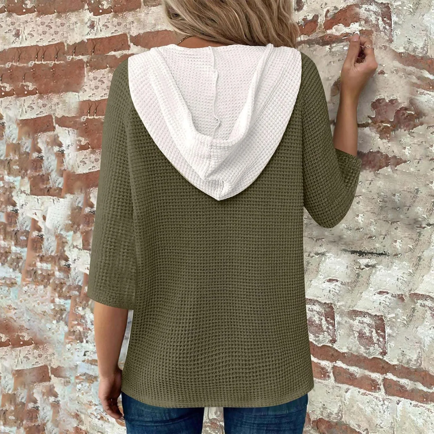 3/4 Length Sleeve Womens Tops Casual Knit Button Down V-Neck Hoodies with Drawstring Solid Color T-Shirt Tunic