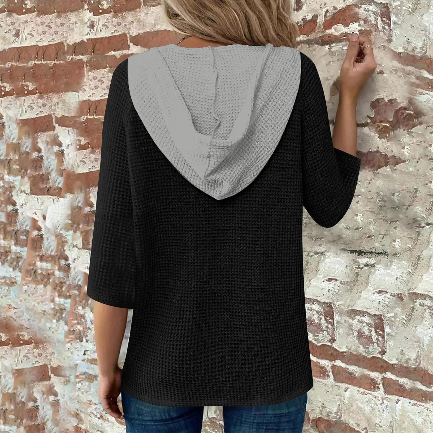 3/4 Length Sleeve Womens Tops Casual Knit Button Down V-Neck Hoodies with Drawstring Solid Color T-Shirt Tunic