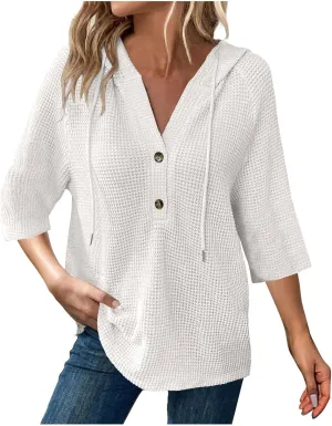 3/4 Length Sleeve Womens Tops Casual Knit Button Down V-Neck Hoodies with Drawstring Solid Color T-Shirt Tunic