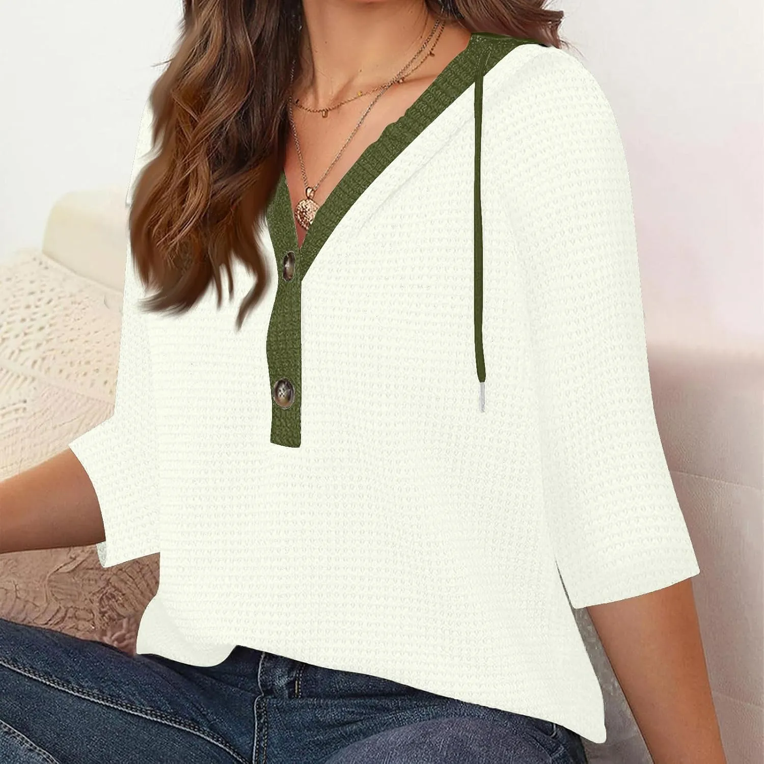 3/4 Length Sleeve Womens Tops Casual Knit Button Down V-Neck Hoodies with Drawstring Solid Color T-Shirt Tunic