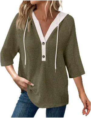 3/4 Length Sleeve Womens Tops Casual Knit Button Down V-Neck Hoodies with Drawstring Solid Color T-Shirt Tunic