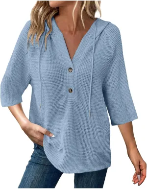 3/4 Length Sleeve Womens Tops Casual Knit Button Down V-Neck Hoodies with Drawstring Solid Color T-Shirt Tunic