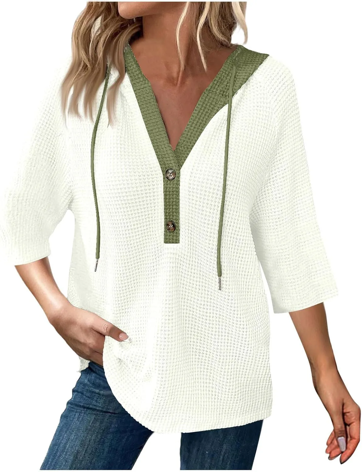 3/4 Length Sleeve Womens Tops Casual Knit Button Down V-Neck Hoodies with Drawstring Solid Color T-Shirt Tunic