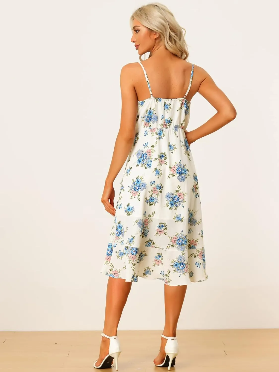 Allegra K Ruffled Floral Dress for Women's Sleeveless V Neck Faux Wrap Midi Sundress