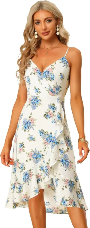 Allegra K Ruffled Floral Dress for Women's Sleeveless V Neck Faux Wrap Midi Sundress