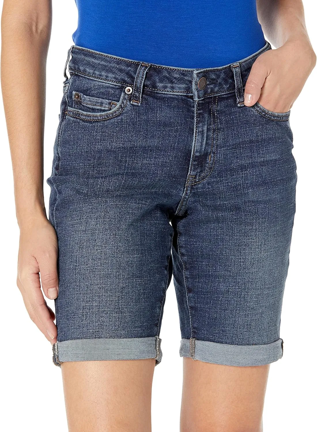 Amazon Essentials Women's Mid-Rise Slim fit Denim Bermuda Shorts with Pockets
