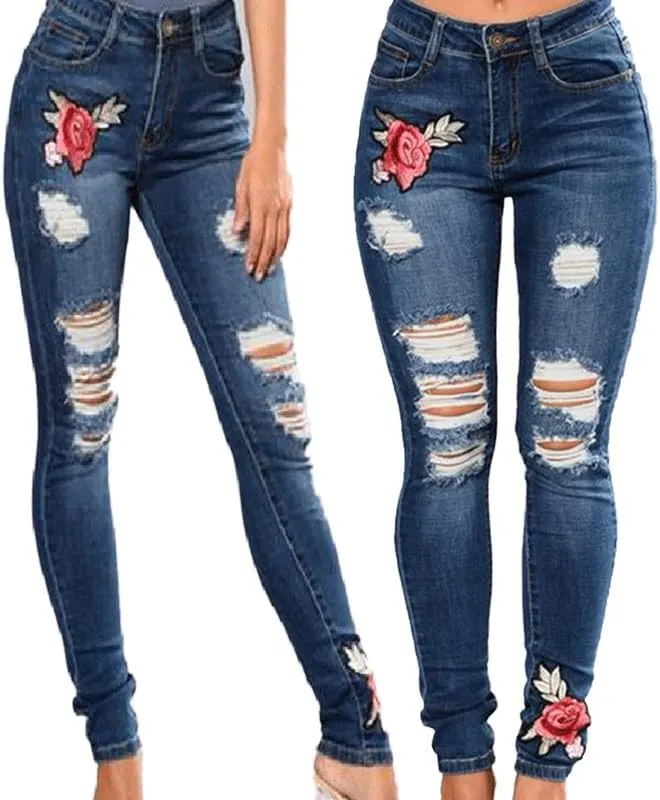 Andongnywell Women Flower Embroidered Ripped Jeans Rose Embroidered High Waist Denim Pants Sexy Stretch Skinny Jeans