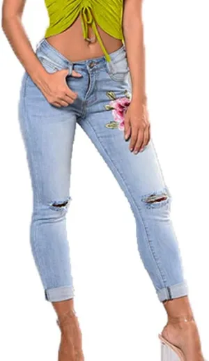 Andongnywell Women Flower Embroidered Ripped Jeans Rose Embroidered High Waist Denim Pants Sexy Stretch Skinny Jeans