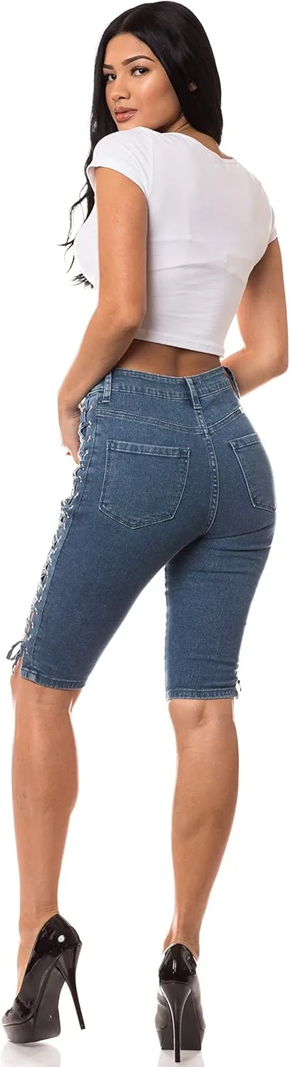 Aphrodite Denim Bermuda Shorts Jeans – Women's Lace Up High Waisted Skinny Fit Fashion Knee Length Cropped Pants