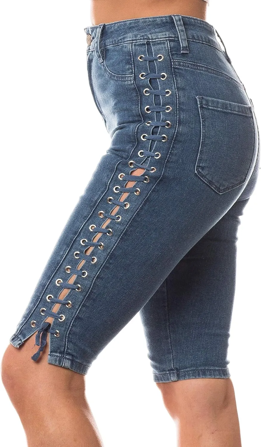 Aphrodite Denim Bermuda Shorts Jeans – Women's Lace Up High Waisted Skinny Fit Fashion Knee Length Cropped Pants