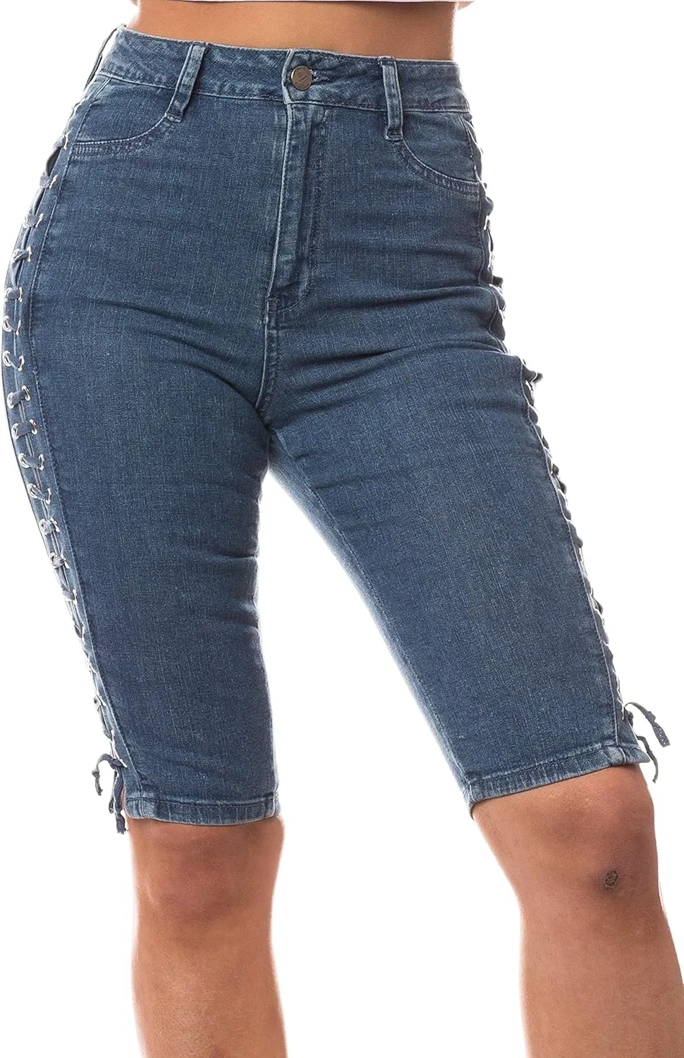 Aphrodite Denim Bermuda Shorts Jeans – Women's Lace Up High Waisted Skinny Fit Fashion Knee Length Cropped Pants