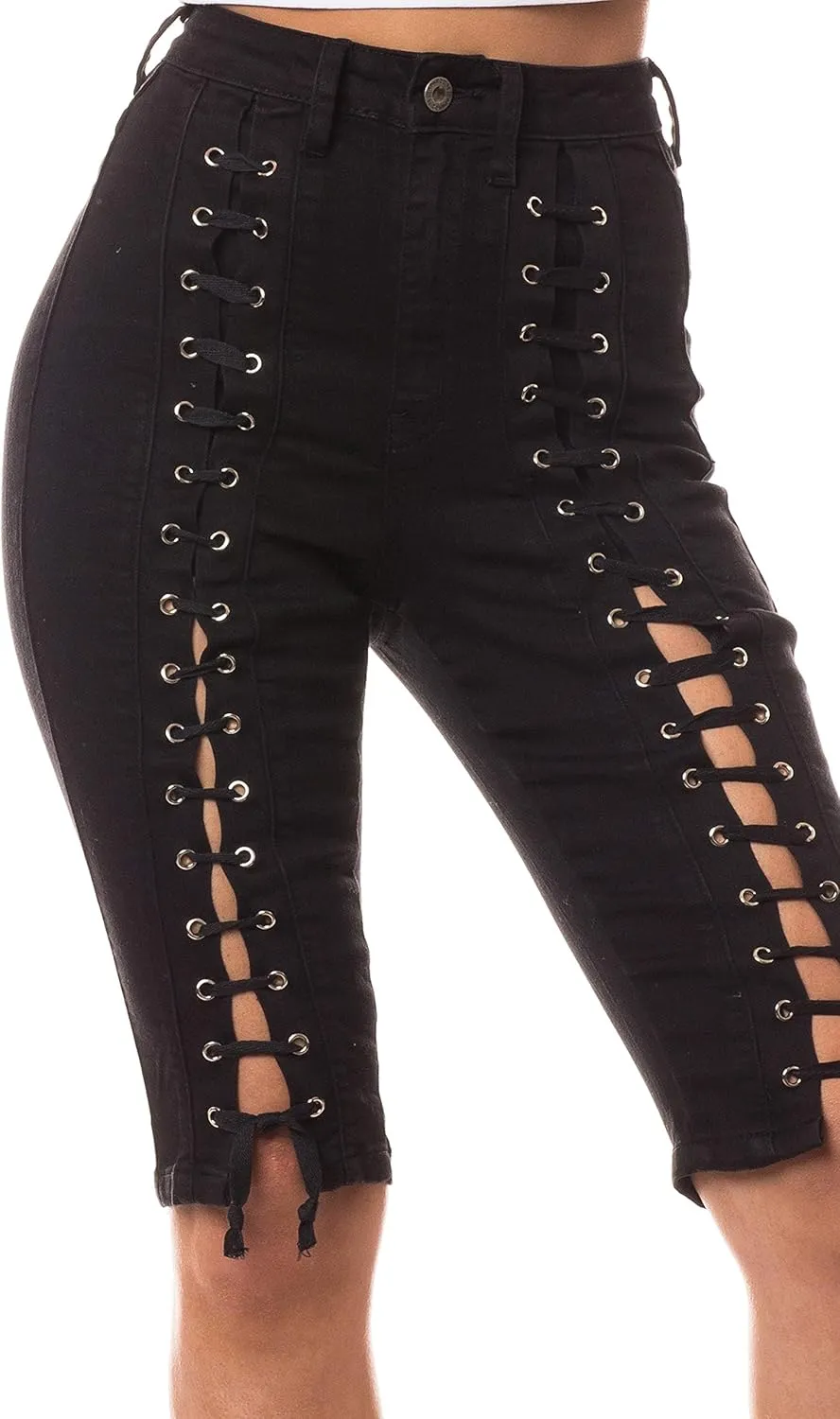 Aphrodite Denim Bermuda Shorts Jeans – Women's Lace Up High Waisted Skinny Fit Fashion Knee Length Cropped Pants