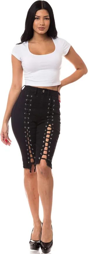 Aphrodite Denim Bermuda Shorts Jeans – Women's Lace Up High Waisted Skinny Fit Fashion Knee Length Cropped Pants