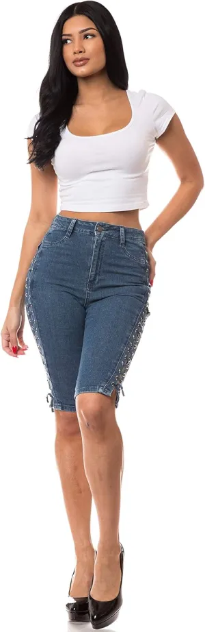 Aphrodite Denim Bermuda Shorts Jeans – Women's Lace Up High Waisted Skinny Fit Fashion Knee Length Cropped Pants