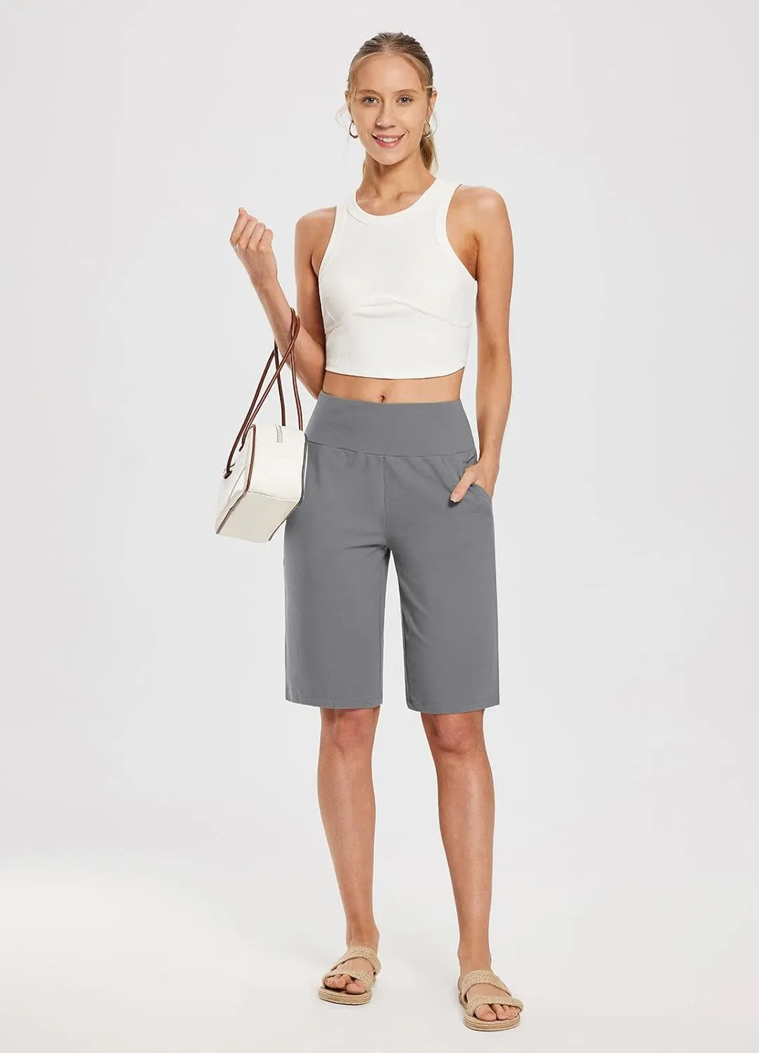 baleaf Womens 12" Long Bermuda Shorts Knee Length Cotton Athletic Shorts Sweat Casual Lounge Walking Summer