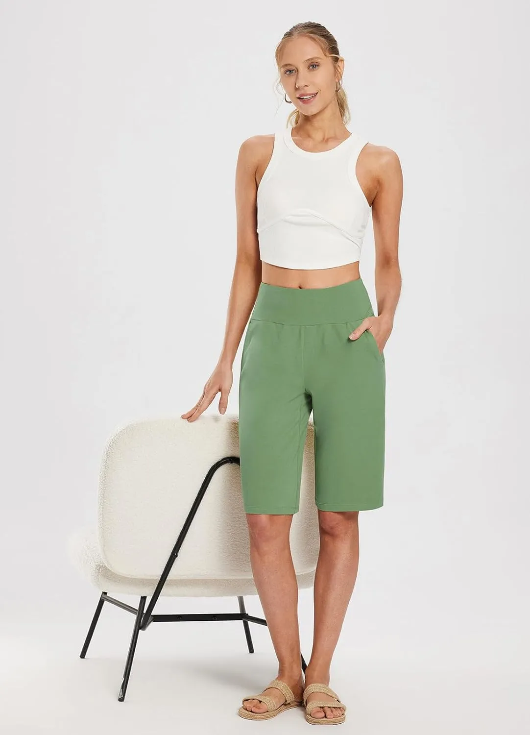 baleaf Womens 12" Long Bermuda Shorts Knee Length Cotton Athletic Shorts Sweat Casual Lounge Walking Summer