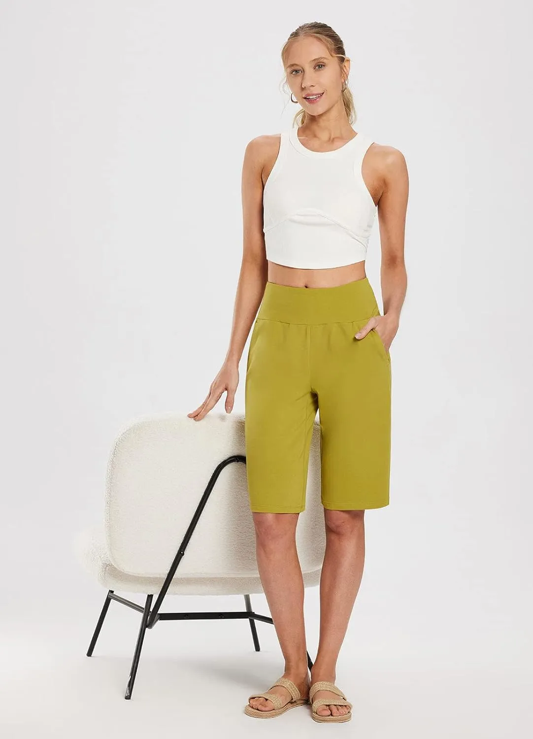 baleaf Womens 12" Long Bermuda Shorts Knee Length Cotton Athletic Shorts Sweat Casual Lounge Walking Summer