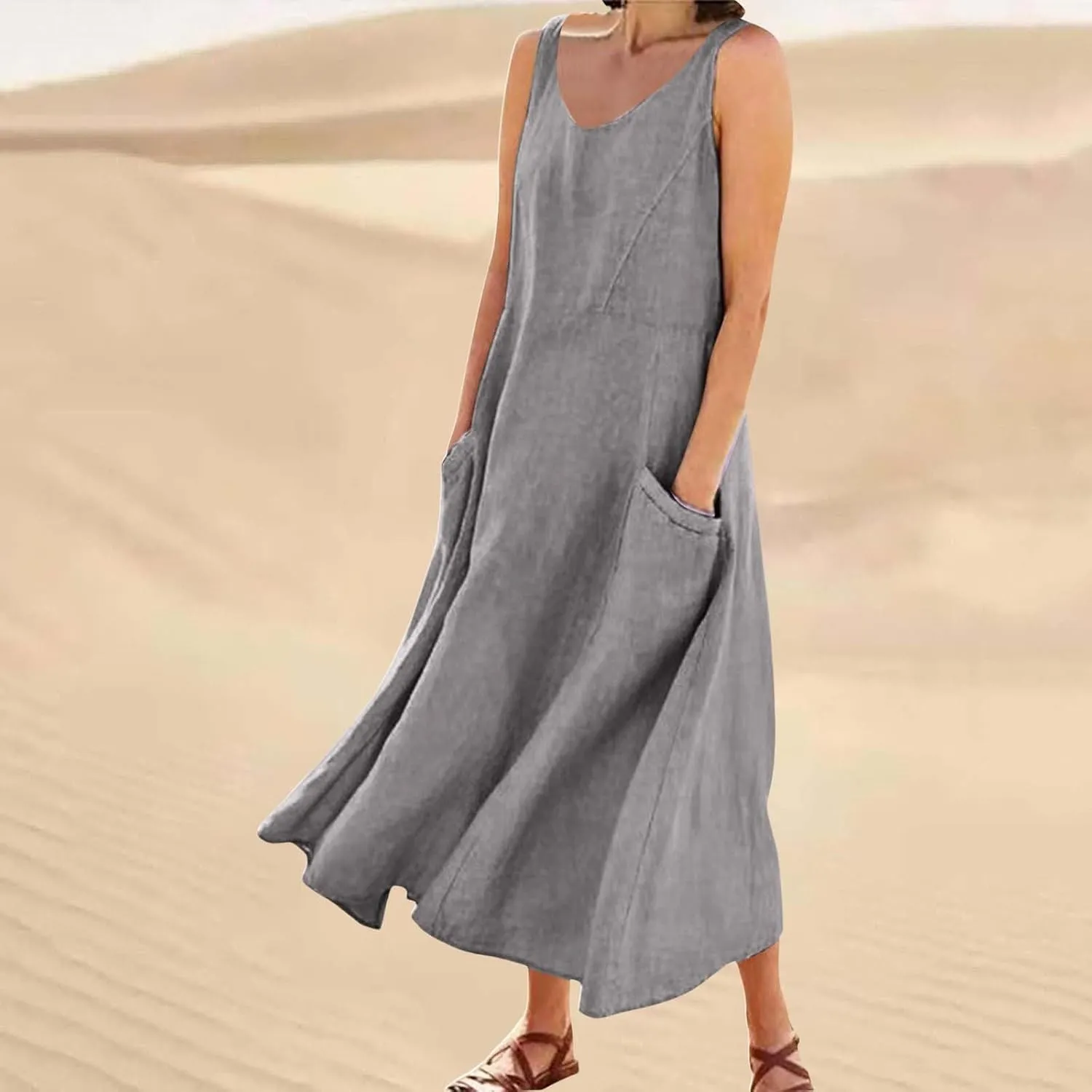 Beach Dresses for Women 2025 Color Pocket V Neck Sleeveless Casual Dress A Line Swing Casual Party Cocktail Dresses