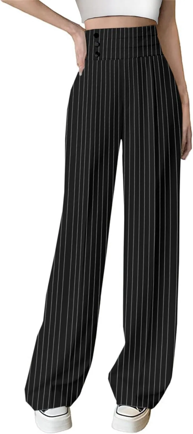 Betusline Women's High Waist Dress Pants Business Side Button Work Wide Leg Pants Straight Leg Trousers, Stripe Black, X-Small