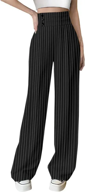 Betusline Women's High Waist Dress Pants Business Side Button Work Wide Leg Pants Straight Leg Trousers, Stripe Black, X-Small