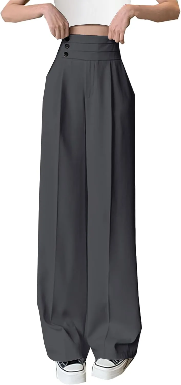 Betusline Women's High Waist Dress Pants Business Side Button Work Wide Leg Pants Straight Leg Trousers, X-Small-XX-Large