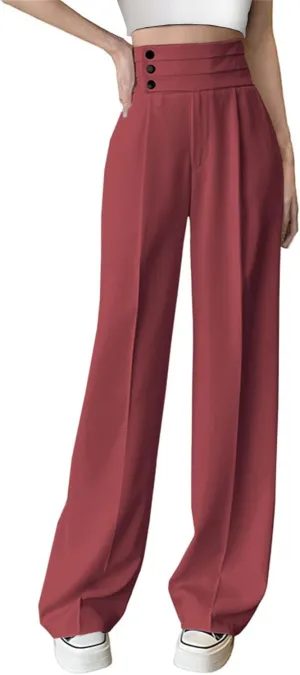 Betusline Women's High Waist Dress Pants Business Side Button Work Wide Leg Pants Straight Leg Trousers, X-Small-XX-Large