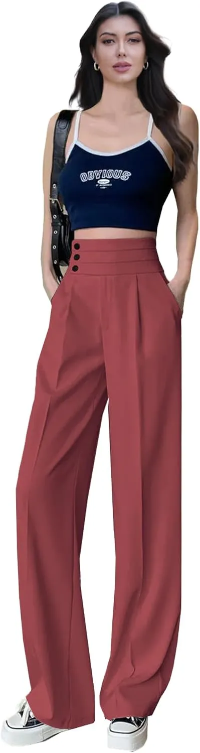 Betusline Women's High Waist Dress Pants Business Side Button Work Wide Leg Pants Straight Leg Trousers, X-Small-XX-Large