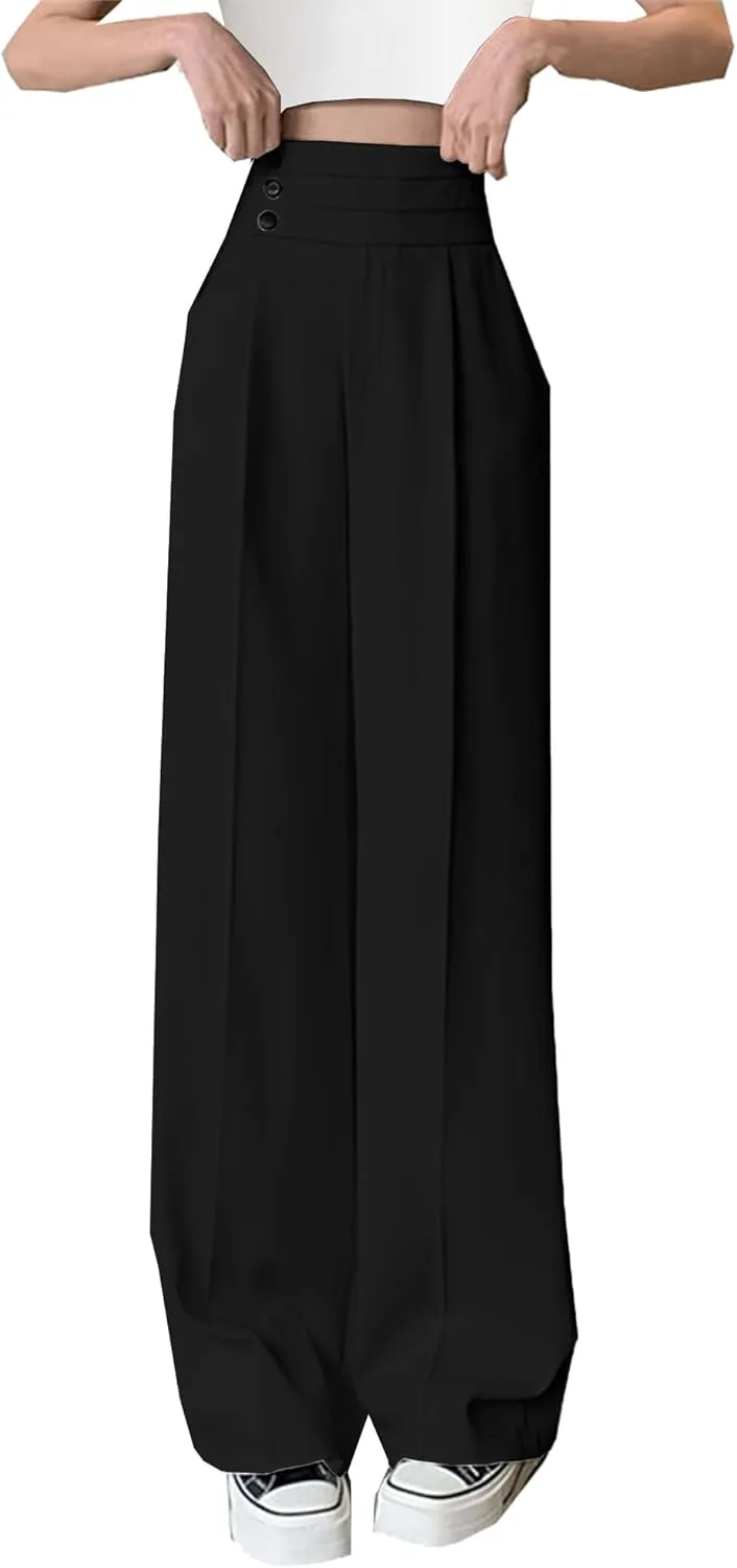 Betusline Women's High Waist Dress Pants Business Side Button Work Wide Leg Pants Straight Leg Trousers, X-Small-XX-Large