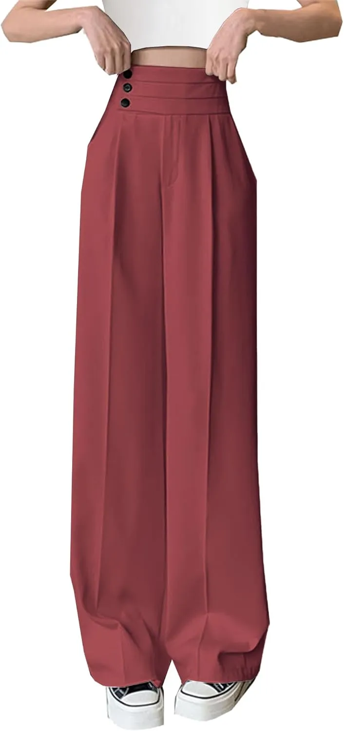 Betusline Women's High Waist Dress Pants Business Side Button Work Wide Leg Pants Straight Leg Trousers, X-Small-XX-Large