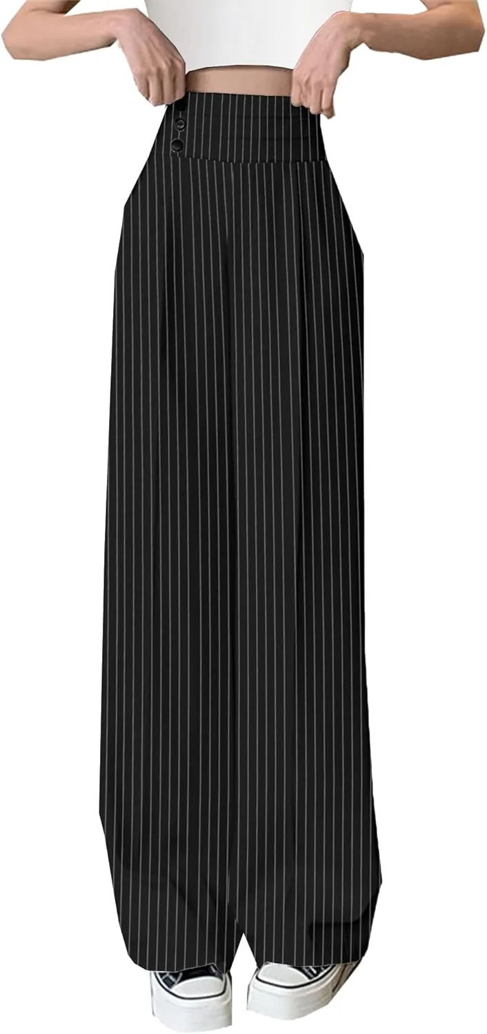 Betusline Women's High Waist Dress Pants Business Side Button Work Wide Leg Pants Straight Leg Trousers, X-Small-XX-Large