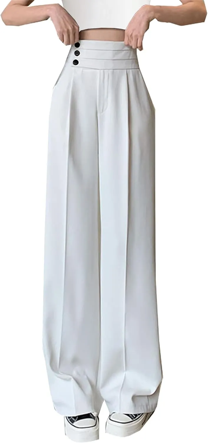 Betusline Women's High Waist Dress Pants Business Side Button Work Wide Leg Pants Straight Leg Trousers, X-Small-XX-Large