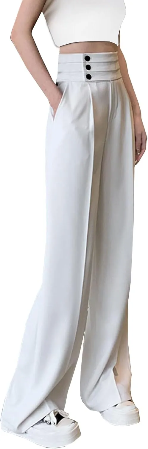Betusline Women's High Waist Dress Pants Business Side Button Work Wide Leg Pants Straight Leg Trousers, X-Small-XX-Large