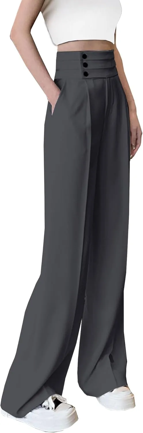 Betusline Women's High Waist Dress Pants Business Side Button Work Wide Leg Pants Straight Leg Trousers, X-Small-XX-Large