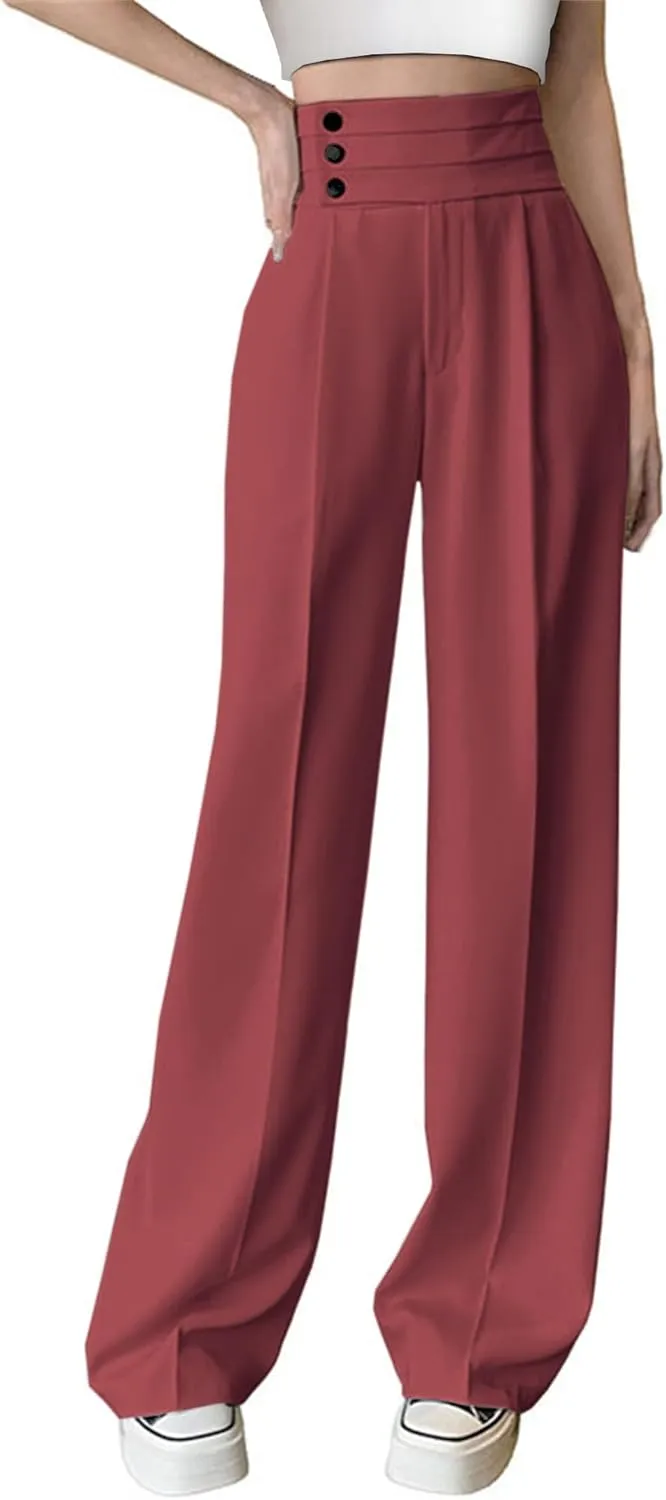 Betusline Women's High Waist Dress Pants Business Side Button Work Wide Leg Pants Straight Leg Trousers, X-Small-XX-Large