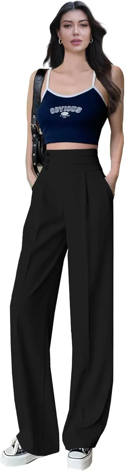 Betusline Women's High Waist Dress Pants Business Side Button Work Wide Leg Pants Straight Leg Trousers, X-Small-XX-Large