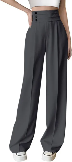 Betusline Women's High Waist Dress Pants Business Side Button Work Wide Leg Pants Straight Leg Trousers, X-Small-XX-Large