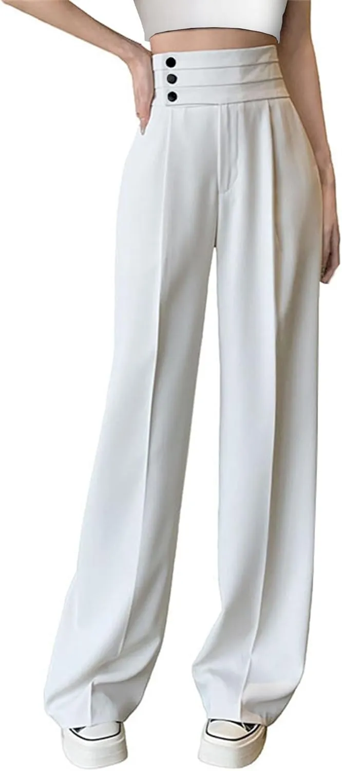 Betusline Women's High Waist Dress Pants Business Side Button Work Wide Leg Pants Straight Leg Trousers, X-Small-XX-Large