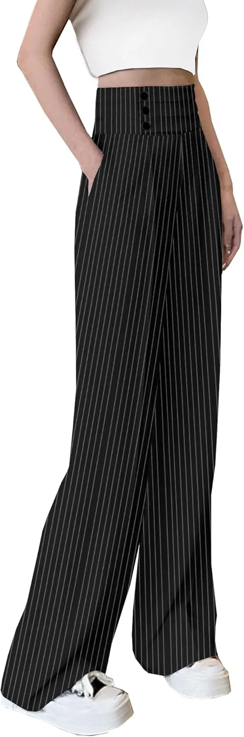 Betusline Women's High Waist Dress Pants Business Side Button Work Wide Leg Pants Straight Leg Trousers, X-Small-XX-Large