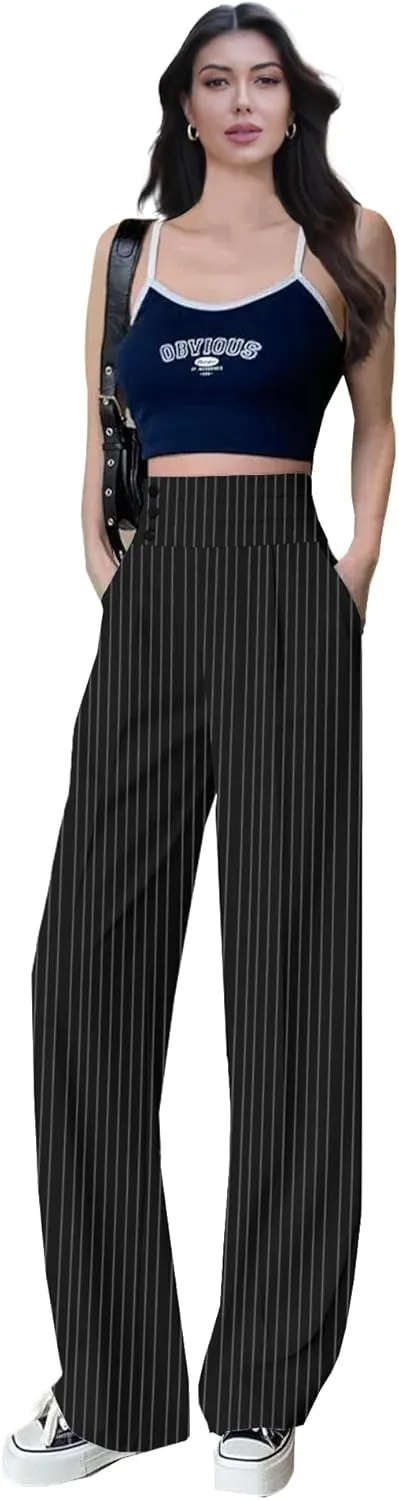 Betusline Women's High Waist Dress Pants Business Side Button Work Wide Leg Pants Straight Leg Trousers, X-Small-XX-Large