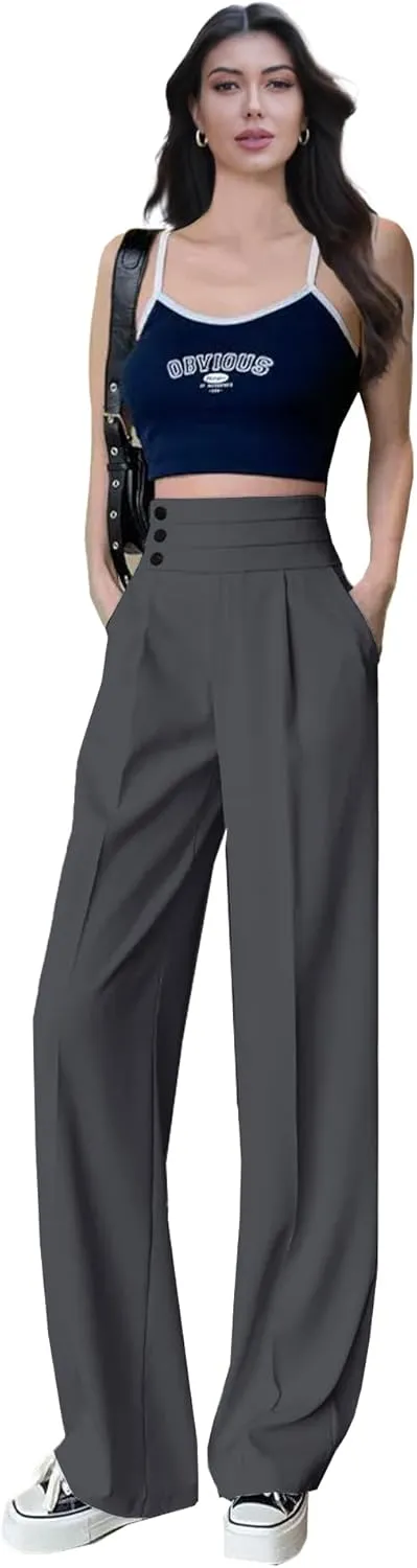 Betusline Women's High Waist Dress Pants Business Side Button Work Wide Leg Pants Straight Leg Trousers, X-Small-XX-Large